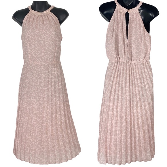 JAPNA Halter Style Fit and Flare Pleated Midi Dress Medium Pink White Vine Print - Picture 2 of 10